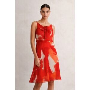 Theory Bright Red Floral Silk Chiffon Strappy Dress Mini Sundress Romantic Small